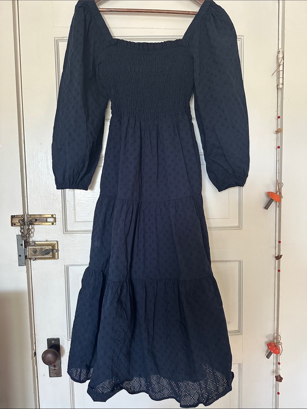 Madewell Black Puff-Sleeve Smocked Tiered Midi Dress
